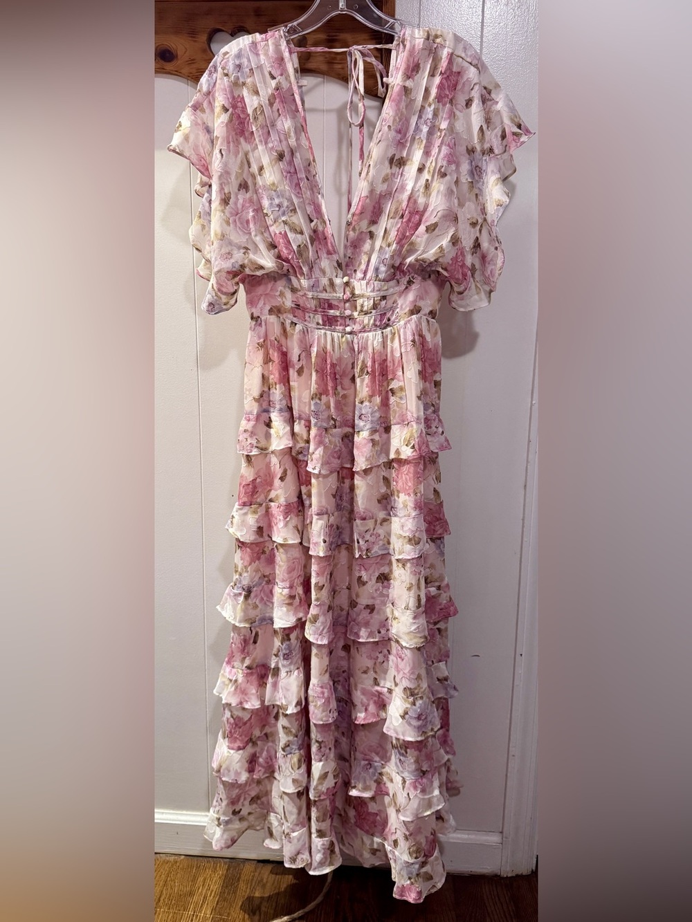 Storia Pink Floral Tiered Maxi Dress with Deep V - Picture 3 of 9